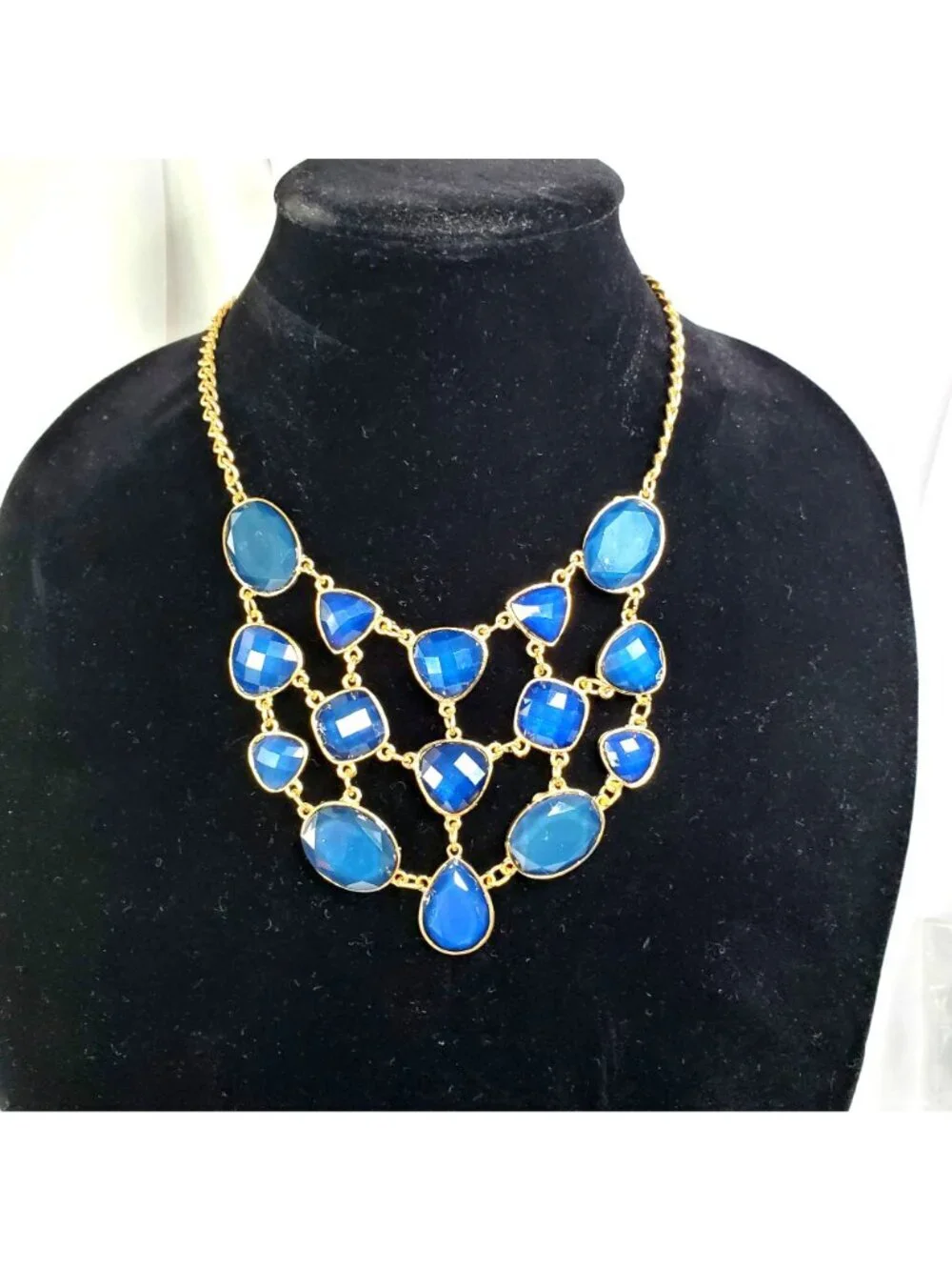 Gold-Tone Bib Necklace With Blue Plastic Faceted Stones Statement Jewelry